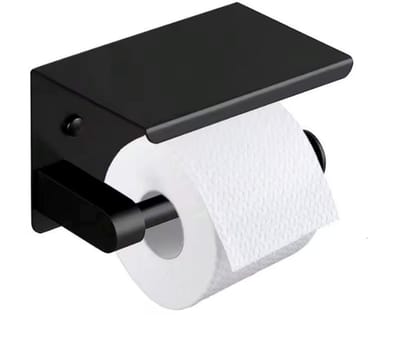 Zwarte RVS Toiletrolhouder - Toiletrol houder met plankje - Incl schroefjes en pluggen - Zwart - Met plankje - Telefoonplankje - CHPN