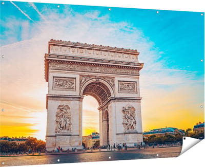 Gards Tuinposter Arc de Triomphe in Parijs met Zonsondergang - 180x120 cm - Tuindoek - Tuindecoratie - Wanddecoratie buiten - Tuinschilderij