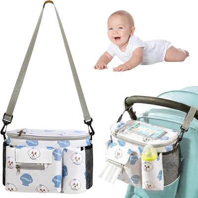 Organizer voor kinderwagens met opbergtas, hondenmotief, ritssluiting en transparante telefoonhoes, ideaal voor ouders en baby's