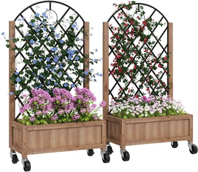 Plantenbak met klimrek - Bloembak - Weerbestendig - Met trellis - Buiten - Hout - Plantenrek - Rechthoekig - Bruin/Zwart