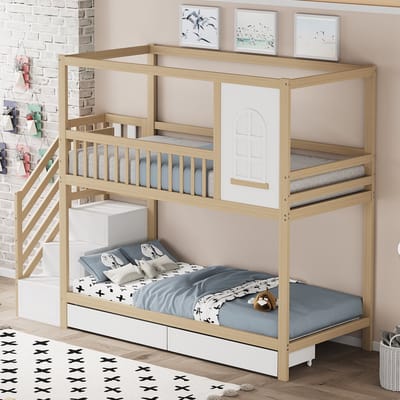 Stapelbed 90x200 cm - kinderbed - huisvorm met raam - met opberglades en veiligheidsladder - houtkleur - zonder matras