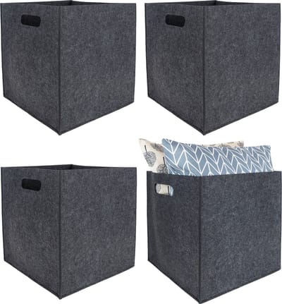 QUVIO Opbergbak - Set van 4 - Opbergmanden - Opbergdozen - Opbergbox - Opbergers - Organizers - Vakken - Met handvaten - Vilt - Landelijk - Grijs - Vierkant - 31 x 31 x 32 cm - 27 Liter