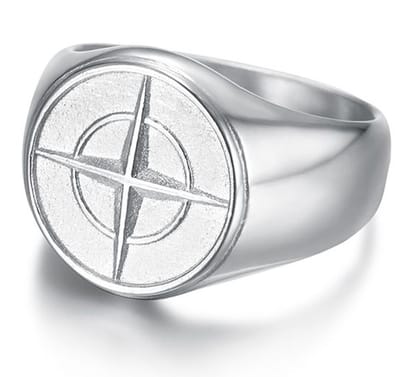 Zegelring Heren Zilver kleurig met Kompas Gravering - Staal - Ring Ringen - Papa Cadeau Voor Mannen - Vaderdag