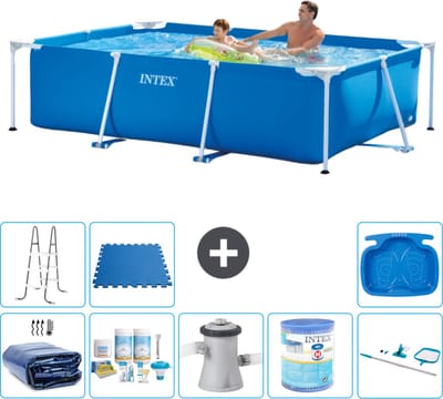 Intex Rechthoekig Frame Zwembad - 260 x 160 x 65 cm - Blauw - Inclusief Solarzeil - Onderhoudspakket - Zwembadfilterpomp - Filter - Schoonmaakset - Ladder - Voetenbad - Vloertegels - 9-delig