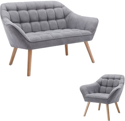 Vente-unique Tweezitsbank en fauteuil van grijze stof CASERTA