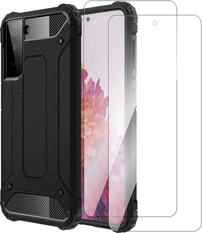 HB Hoesje Geschikt voor Samsung Galaxy S21 - Zwart + 2X Glazen Screenprotector - Anti Shock Hybrid Armor Back Cover