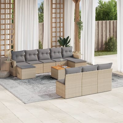vidaXL - 11-delige - Tuinset - met - kussens - poly - rattan - beige