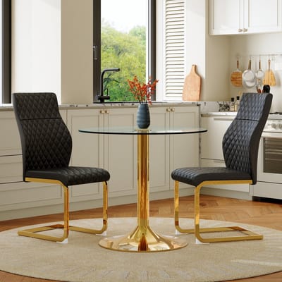 FloraGrace Eettafel En Stoelenset - Ronde Tafel 85 Cm - Voor Eetkamer En Horecaruimtes - Glas En Metaal - Zwart Goud