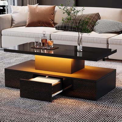PHOEBE CAT Salontafel - LED-verlichting - Hoogglans - Open displayplanken - Met lades - Zwart