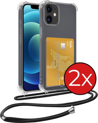 Hoesje Geschikt voor iPhone 12 Hoesje Met Telefoonkoord en Pasjeshouder Siliconen - Hoes Geschikt voor iPhone 12 Hoesje Met Kaarthouder Shock Proof Case - Transparant - 2 PACK
