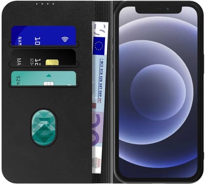 Geschikt voor iPhone 12 Mini Telefoonhoesje Zwart Kunstleer Met Magnetische Sluiting - Portemonnee BookCase Met Pasjeshouder - ProtX