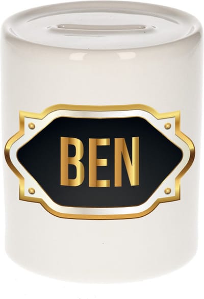 Spaarpot met voornaam Ben - wit - met goud/zwart embleem - 8 x 9 cm - keramiek - met afsluitdop - cadeau verjaardag
