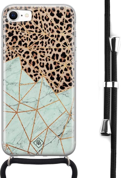 Casimoda® hoesje met koord - Geschikt voor iPhone 8 - Luipaard Marmer Mint - Afneembaar koord - Siliconen/TPU - Bruin/beige
