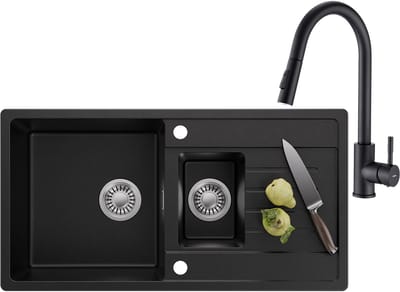 CECIPA MAX Spoelbak voor keuken 86x45CM - Granieten Keuken Met Keukenkraan Met Uittrekbare Uitloop - 1.5 Spoelbakken Keuken - Gootsteen Met Waterafvoersysteem - Wasbak Keuken - Krasvast en Hittebestendig - Zwart