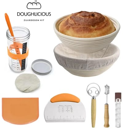 Doughlicious Zuurdesem Starter Set - Brood Bakken - Rijsmand - Fermentatiepot - Deegklopper - Deegsnijder - Lame - Rijsmandje Broodbakken - E-handleiding