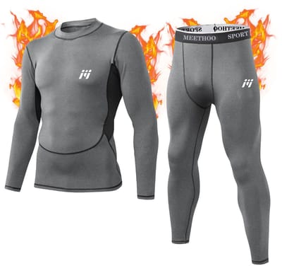 Meethoo Heren Thermisch Ondergoed Set Compressie Basislaag Sport Lange Onderbroek Fleece Gevoerde Winteruitrusting Hardlopen Skiën-Grijs-XL