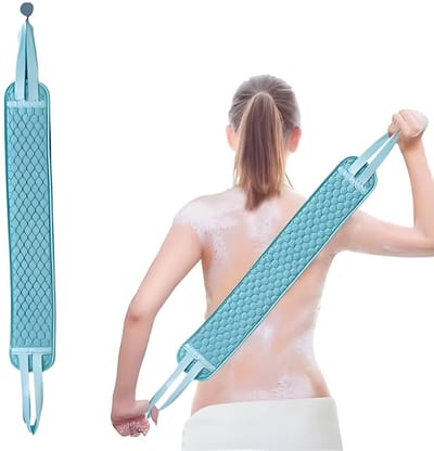Rugborstel, Lichaamsborstel, 75 cm Lengte, Rugrubber, Massageborstel, Schrobborstel voor Lichaam, Rug, Peeling, Bad met 2 Handgrepen, Douchewashulp (Blauw)
