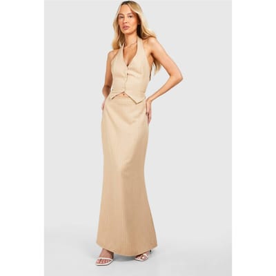 boohoo Dames Lange geweven pinstripe maxi-rok | Steen | Maat: 36