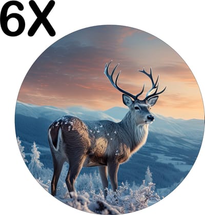 Luxe Ronde Placemat - Hert in de Winter op een Berg - Set van 6 Placemats - 50x50 cm - 2 mm dik Vinyl - Anti Slip - Afneembaar