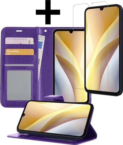 Hoesje - Met Screenprotector - Geschikt voor Samsung Galaxy A15 - Luxe Pasjeshouder - Bookcase Portemonee - Flip Case - Kunstleer Book Case - Flipcase - Book Cover - Walletcase - Portemonneehoes - Telefoonhoesjes - Paars