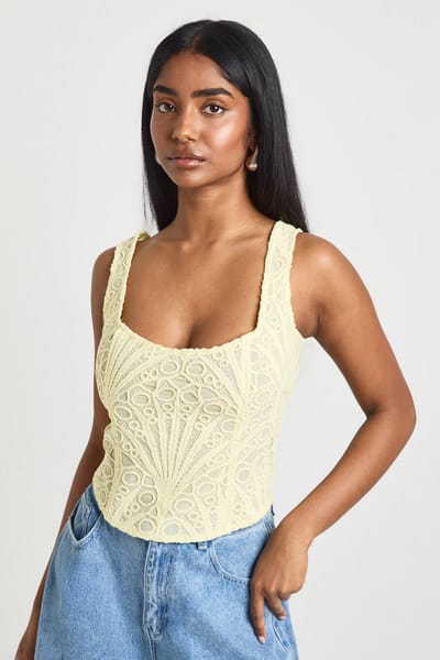 boohoo Dames Doorschijnende Kanten Corset Top | Lemon | Maat: 12