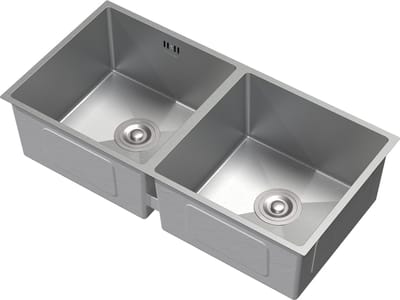 Inbouwspoelbak met dubbele kuip, zilverkleurig. Keukenspoelbak met afvoer- en overloopset van roestvrij staal ML-Design
