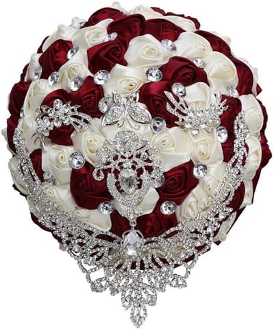 Handgemaakte luxe bruiloft bruidsboeket grote zijden roos holding gooien kunstbloemen boeketten met satijnen lint parels strass voor bruid vintage koninklijk bruidsboeket (rood+ivoor)