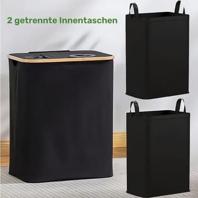 Wasmand met 2 uitneembare zakken- Wassorteerder - 140L - Met 2 gaten voor het sorteren van kleding - wasmand - Zwart