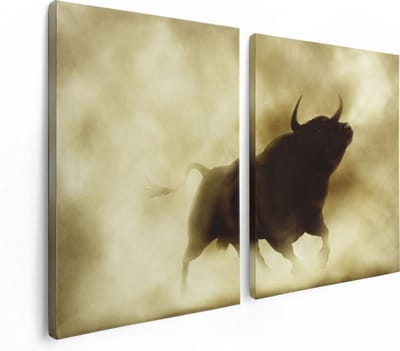 Artaza Canvas Schilderij Tweeluik Zwarte Stier In Het Stoffige Rook - 120x80 - Foto Op Canvas - Canvas Print