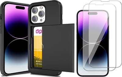 Hoesje met Pasjeshouder geschikt voor iPhone 14 Pro - 2x Screen Protector GlassGuard - Back Cover SlideCase Zwart & Screenprotector