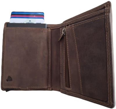 OI Hunter bruine leren billfold met cardprotector en ritsvak voor muntgeld / normale portemonnee met Figuretta pasjeshouder en rits / complete portemonnee met anti skim kastje / leren beurs met metalen pasjeshouder / bruin leer / 669H