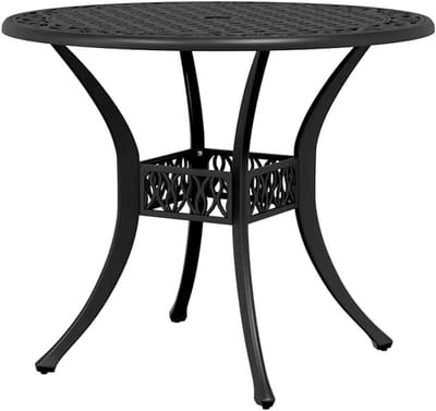 Gietijzeren tuintafel - Terrastafel buiten - Gezellig buiten zitten - Met parasolgat - Diameter 90 cm - Zwart