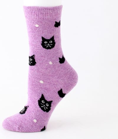 Wol Dames Sokken - Huissokken - Wandelsokken - paars - roze - leuke print zwarte kat - 36-40 - cadeau voor haar - geschenk vrouwen - gift - warm - zacht
