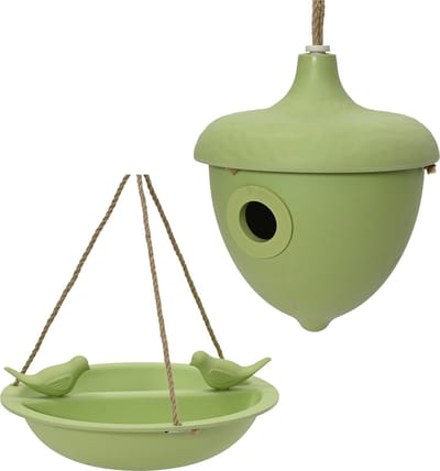 Decoris Vogelhuisje en voederschaal/vogelbadje - groen - bamboe - nestkastje