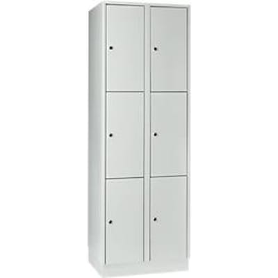 Vakkenkast 300 mm, 2 compartimenten, 6 vakken, veiligheidscilinderslot, sokkel, lichtgrijs