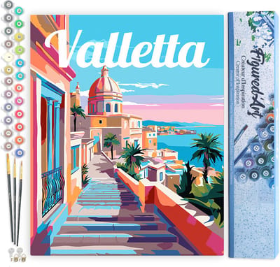 Figured'Art Schilderen op Nummer Volwassenen canvas Reisposter Valletta Malta - Handwerk acrylverf Kit DIY Compleet - 40x50cm zonder frame