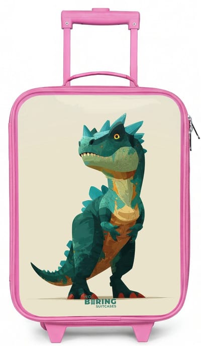 NoBoringSuitcases.com® - Kinderkoffer roze - Kindertrolley meisje - Gehoornde dino met scherpe blik - Koffer kind lichtgewicht - Reiskoffer trolley voor kinderen - Koffertje met lichtgevende wieltjes - Rolkoffer