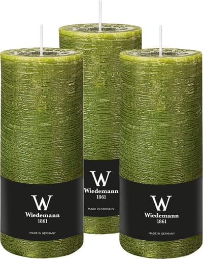 Wiedemann Cilinderkaars/stompkaars - 3x - rustieke kaars - olijfgroen - 7 x 16 cm - 66 branduren