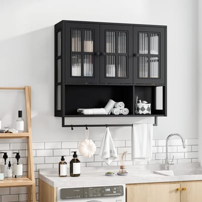 HAUSS SPOLE Badkamerkasten - Wandkast badkamerkast met 3 Deuren en Handdoekhouder - Medizinschrank met Open en Verborgen Opbergruimte - 88×26×82,5 cm - MDF - Zwart