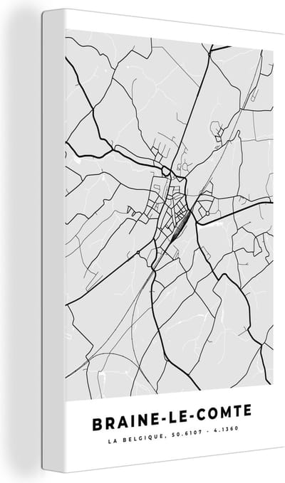 Canvas Schilderij België – Braine le Comte – Stadskaart – Kaart – Zwart Wit – Plattegrond - 20x30 cm - Wanddecoratie