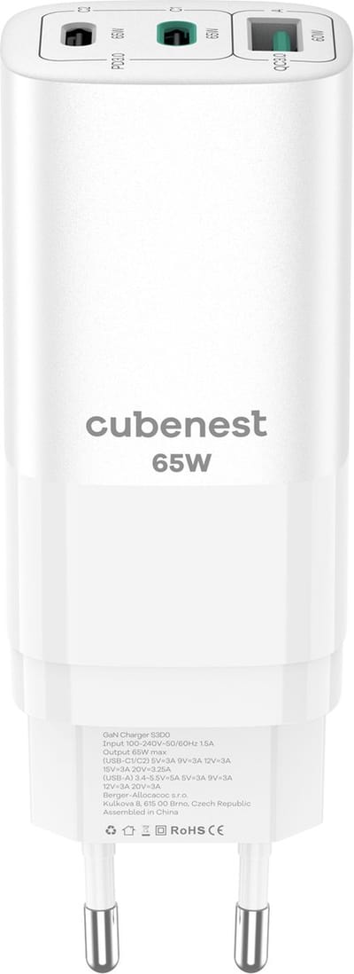 CubeNest PD 3.0 2*USB-C+1xUSB-A GaN Adapter 65W S3D0 - 2 USB-C & 1 USB-A Snellader - Wit, Oplader Geschikt voor iPhone 11, 12, 13, 14, 15, 16 , Samsung S20, S21, S22, S23, S24, Macbook Air/Pro,Overstroom, Overspanning, Overtemperatuur