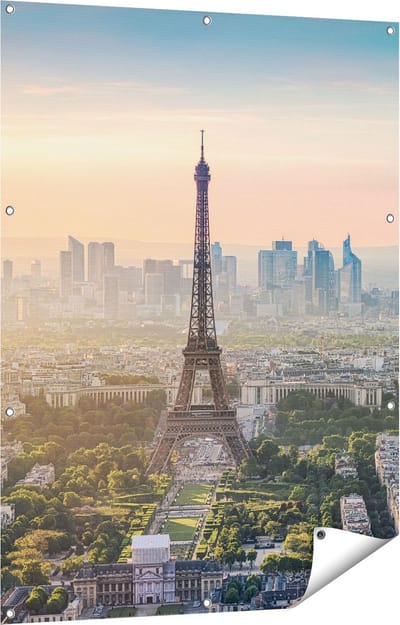 Gards Tuinposter Skyline van Parijs met de Eiffeltoren - 90x120 cm - Tuindoek - Tuindecoratie - Wanddecoratie buiten - Tuinschilderij