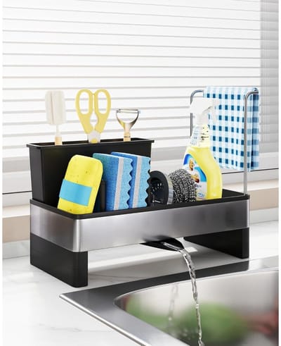 GELLDG Keukenspoelbak-organizer - Keukenorganisator met 360° draaiende afvoer - Uitneembare plank, zeef en handdoekhouder - Geschikt voor sponzen, borstels en keukenhanddoeken - 25x12,5x27cm