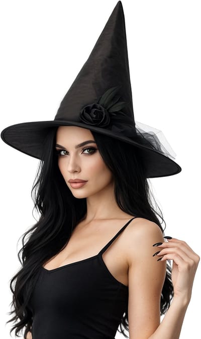 Partychimp Voordeelverpakking 6 pack Heksenhoed met Sluier en bloemdecoratie Halloween Kostuum Volwassenen Halloween Kostuum Dames Carnaval Accessoires Carnavalskleding Dames - Zwart - 6 Pack