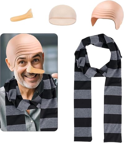 Bald Cap Kostuum Accessoires met Grijs Gestreepte Stoffen Neus en Dikke Huid Hoofdskull Perücke voor Carnaval en Halloween Feest voor Mannen Cosplay en Verkleedpartijen