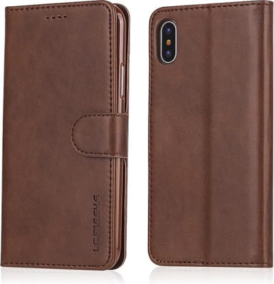 LC.IMEEKE Luxe Book Case - Geschikt voor iPhone X / Xs Hoesje - Donkerbruin