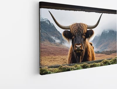 Saammp Canvas Schilderij - Glurende hooglander Koe - Doorkijk - Dieren - 45x30 - Foto op canvas - Wanddecoratie - Muurdecoratie Woonkamer - Slaapkamer decoratie - Canvas Print
