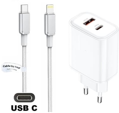 OneOne 36W snellader met 2 poorten + 2,0m OneOne USB C naar Lightning kabel. Witte PD PPS lader. GAN oplader adapter past op iPhone 8 t/m iPhone 14