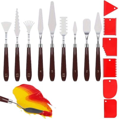 15-delige paletmes- en schraperset - Schraperset - Olieverfschrapers - Onregelmatig gevormde schrapers - Verfpads - Roestvrijstalen schrapers voor acryl- en olieverf - Rood - Geschikt voor olieverfschilderen, rotsschilderen en aquarelschilderen