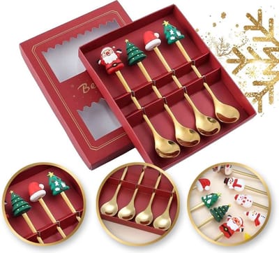 Set van 4 roestvrijstalen lepels met kerstfiguurtjes in cadeaudoosje